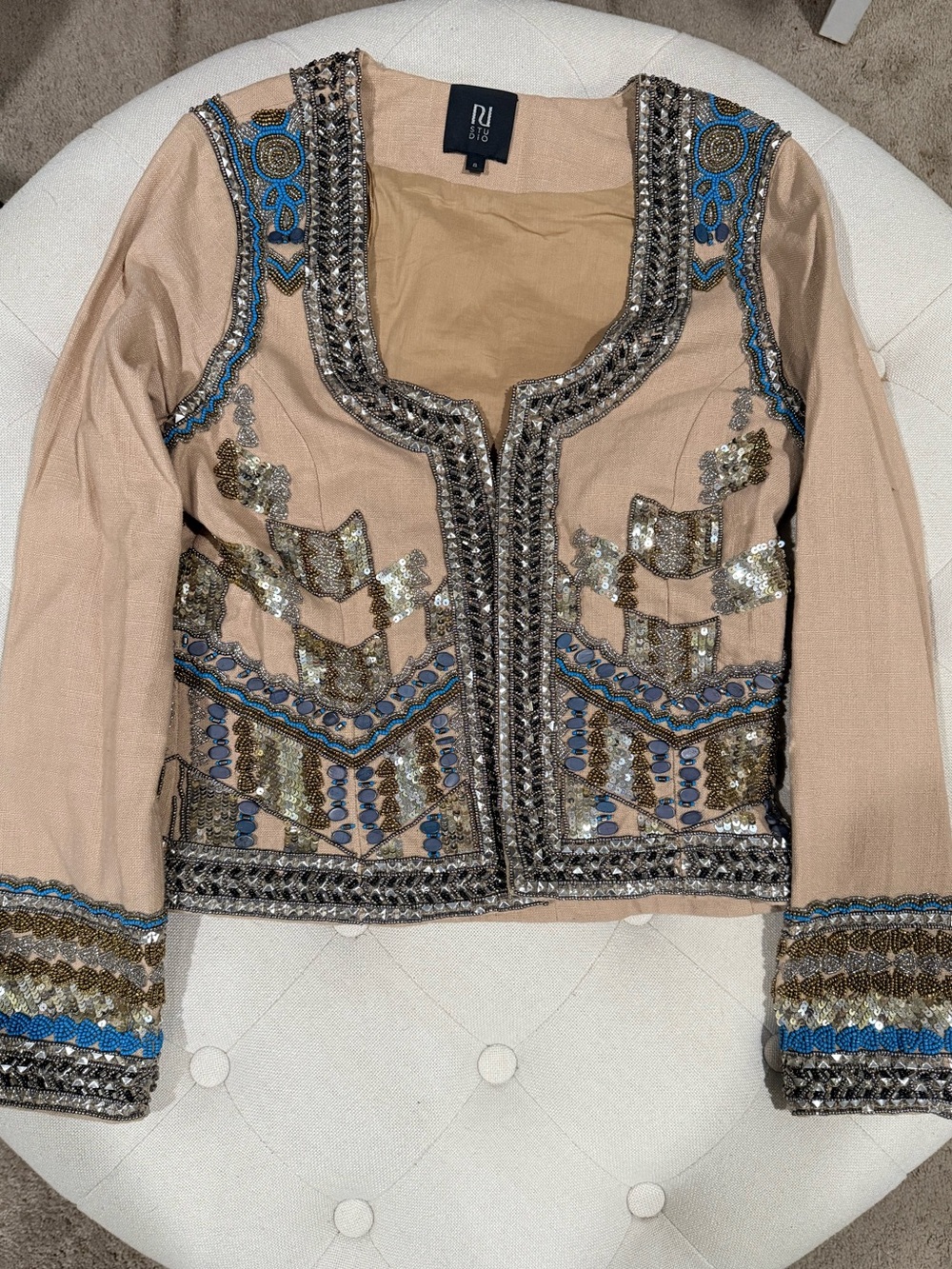 River Island Beige Cropped Embellished Blazer with Blue and Gold Accents